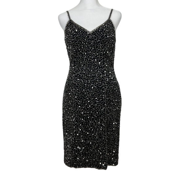 Laurence Kazar Vintage 90s Y2K Black Beaded Silk Mini Dress Small - Picture 1 of 8